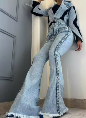 High-waisted Slim-fit Floor-length Braided Stretch Denim Flared Pants