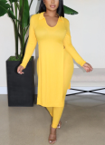 Two-Piece Set of Pure Color Open-Slit Ribbed Simple Casual Pants
