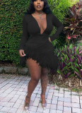 Autumn/Winter New Sexy V-Neck Hair Fringe Trim Dress