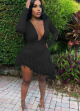 Autumn/Winter New Sexy V-Neck Hair Fringe Trim Dress