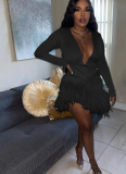 Autumn/Winter New Sexy V-Neck Hair Fringe Trim Dress
