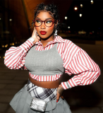 Striped Abdominal-Baring Two-Piece Long Sleeve Shirt Set for Western and European Styles