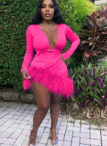 Autumn/Winter New Sexy V-Neck Hair Fringe Trim Dress