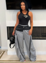 Fashion Denim Patchwork Elastic Waistband Drawstring Loose Straight-leg Pants