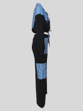 Casual Striped Patchwork Long Sleeve Pockets Tie Shirt Straight Leg Pant Suit