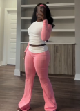 Contrast Color Tight High Waist Folded Slim Fit Trousers Plus Fleece Suit