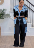 Casual Striped Patchwork Long Sleeve Pockets Tie Shirt Straight Leg Pant Suit