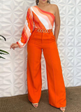 Fashion Single-Shoulder Long Sleeve Top Solid Color Loose Pants Two-Piece Set