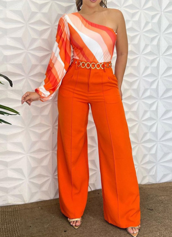Fashion Single-Shoulder Long Sleeve Top Solid Color Loose Pants Two-Piece Set