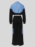 Casual Striped Patchwork Long Sleeve Pockets Tie Shirt Straight Leg Pant Suit