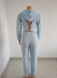 Sexy Cashmere Two-piece Hooded Top and Pants With Back