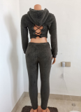 Sexy Cashmere Two-piece Hooded Top and Pants With Back