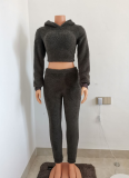 Sexy Cashmere Two-piece Hooded Top and Pants With Back