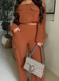 Fashion Off-Shoulder Solid Color Long Sleeve Casual Two-Piece Set