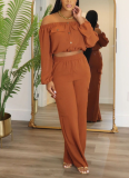 Fashion Off-Shoulder Solid Color Long Sleeve Casual Two-Piece Set