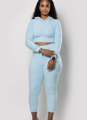 Sexy Cashmere Two-piece Hooded Top and Pants With Back