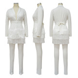 V-neck Fringe Blazer Long Sleeve Roman Trousers Suit