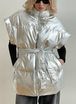 Half Turtleneck Waist Tie Cotton Vest Top