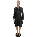 PU Leather Loose Solid Color Patch Pocket Stand Collar Dress