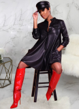 PU Leather Loose Solid Color Patch Pocket Stand Collar Dress