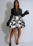Long Sleeve Collared Printed Waist-cinching Short Skirt Suit