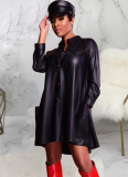 PU Leather Loose Solid Color Patch Pocket Stand Collar Dress