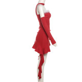 Sexy Hot Girl Halter Neck Tube Top Irregular Long Sleeve Dress