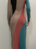 Fashion Multi-color Patchwork Long Sleeve Ribbed Casual Dress