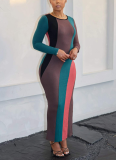 Fashion Multi-color Patchwork Long Sleeve Ribbed Casual Dress