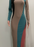 Fashion Multi-color Patchwork Long Sleeve Ribbed Casual Dress