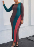 Fashion Multi-color Patchwork Long Sleeve Ribbed Casual Dress