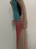 Fashion Multi-color Patchwork Long Sleeve Ribbed Casual Dress