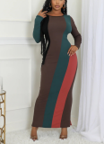Fashion Multi-color Patchwork Long Sleeve Ribbed Casual Dress