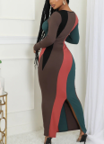 Fashion Multi-color Patchwork Long Sleeve Ribbed Casual Dress