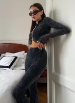 Casual sheath women suit fashion sexy street zipper print long sleeves 2 pieces (tops flare pant) matching sets female tracksuit