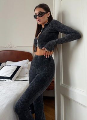 Casual sheath women suit fashion sexy street zipper print long sleeves 2 pieces (tops flare pant) matching sets female tracksuit