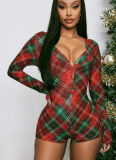 Christmas Check Print V-Neck Long Sleeve Jumpsuit