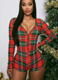 Christmas Check Print V-Neck Long Sleeve Jumpsuit