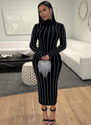 Fashionable Elegant Wavy Diamond Embroidered Slim-Fit High Neck Long Sleeve Maxi Dress