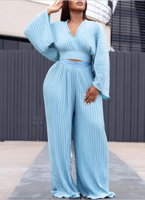 Loose Pleated V-Neck Top Wide-Leg Pants Two-Piece Set