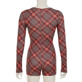 Christmas Check Print V-Neck Long Sleeve Jumpsuit