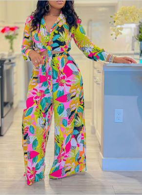 Printed Lapel Tie Shirt Wide-Leg Pants Set