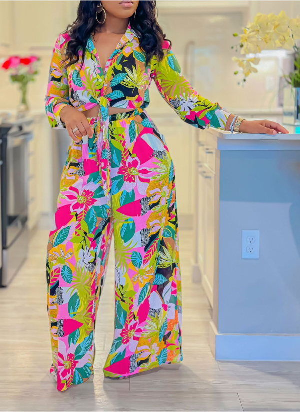 Printed Lapel Tie Shirt Wide-Leg Pants Set