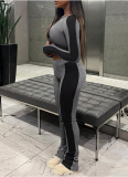 Patchwork Raglan Long Sleeve High Waist Tight Fit Casual Suit