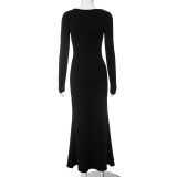 Square Neck Pullover Long Sleeve High Waist Hip Fishtail Dress