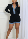 Sexy V-neck Single-button Denim Patchwork Design Knit Jumpsuit