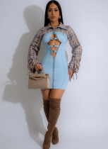 Blue Denim Dress With Drawstring and Metal Buttons