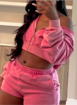 Zipper Hooded Long Sleeve Shorts Sweatshirt Set