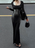 Square Neck Pullover Long Sleeve High Waist Hip Fishtail Dress