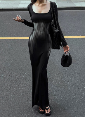 Square Neck Pullover Long Sleeve High Waist Hip Fishtail Dress
